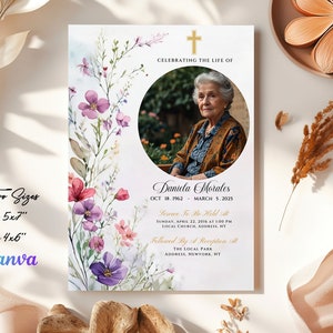 Faire-part pour les funérailles, faire-part pour les funérailles de fleurs rouges violettes, célébration de la vie, invitation à un service commémoratif, modèle de carte modifiable, CANVA F39