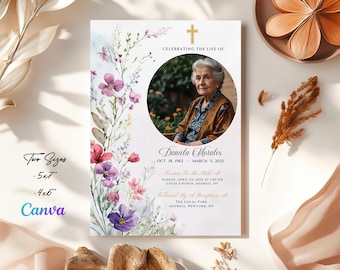 May include: A white memorial card with a watercolor floral border. The card features a photo of a woman in a circle, with the text "Celebrating the Life of Daniela Morales Oct 18, 1962 - March 5, 2025" and details about the service and reception.