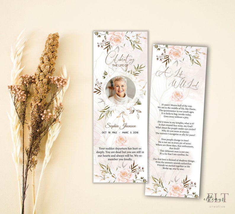 modern funeral bookmark template for men & women greenery leaves, memorial bookmark man, funeral bookmark printable 2,5x7 image 6