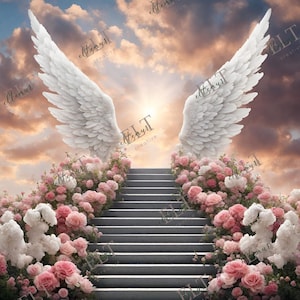 Blumige Treppen und Engelsflügel zum Himmel, In liebevoller Erinnerung PNG, Gedenkhintergrund EDITIERBARE Vorlage, Ruhe in Frieden, CANVA, digitale Datei 4