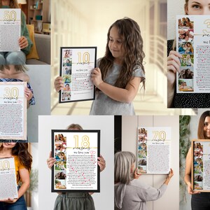 May include: A collection of framed prints with photos and text. Each print features a different number of "reasons" and a message that says "we love you". The numbers on the prints are 10, 18, 30, 40, 50, and 70.