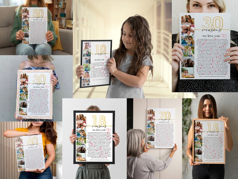 May include: A collection of framed prints with photos and text. Each print features a different number of "reasons" and a message that says "we love you". The numbers on the prints are 10, 18, 30, 40, 50, and 70.