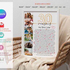 May include: A white framed print with a gold number 30 and the text "30 reasons we love you". The print features a collage of photos and a list of reasons. The print is sitting on a wicker chair with a white blanket.