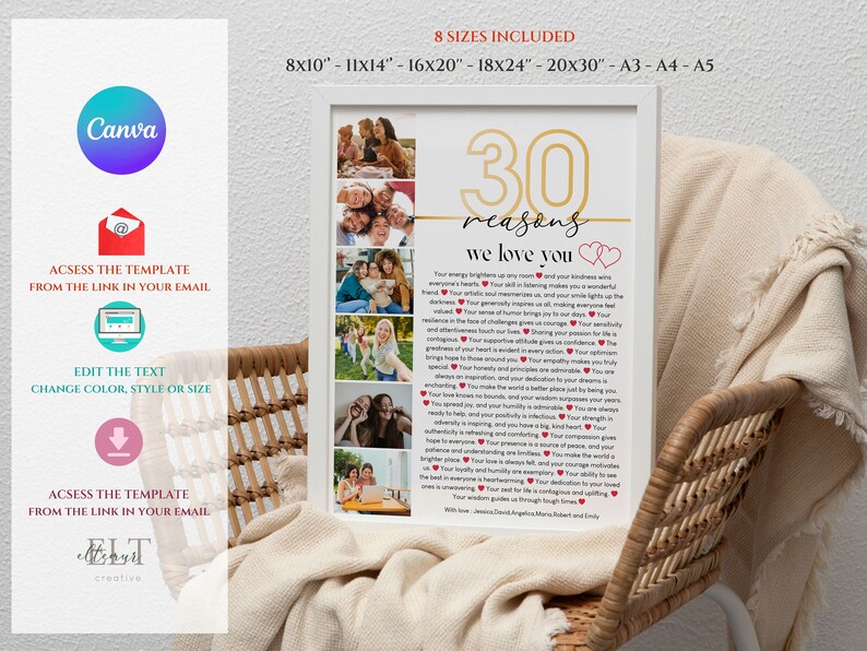 May include: A white framed print with a gold number 30 and the text "30 reasons we love you". The print features a collage of photos and a list of reasons. The print is sitting on a wicker chair with a white blanket.