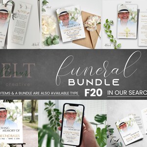Goud-witte begrafenisbundelsjabloon, herdenkingspakketset begrafenisaankondiging, In Loving Memory Suite begrafenissjablonenbundel, - F20 -