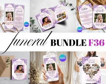Purple Funeral Bundle Templates, Celebration of life Funeral Announcement, In Loving Memory of Funeral Templates Bundle, Printable Set F36