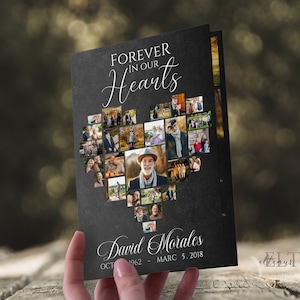 Modelo de programa de colagem de coração funerário preto, programa de obituário Programa memorial Serviço funerário para impressão programa funeral dobrável, CANVA