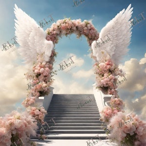 Blauer himmlischer Himmel und blumige Treppen, In liebevoller Erinnerung PNG, Gedenkhintergrund EDITIERBARE Vorlage, Ruhe in Frieden, CANVA, digitale Datei 6