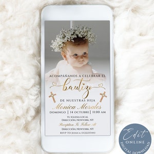 May include: A digital invitation for a baptism with a photo of a baby wearing a white flower crown. The invitation is in Spanish and includes the baby's name, Monica Morales, the date and time of the baptism, and the location. The invitation also includes information about the reception to follow.