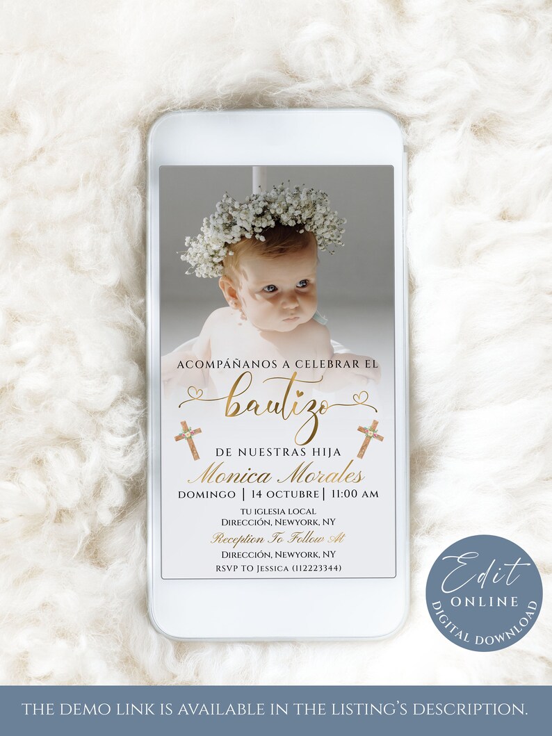 May include: A digital invitation for a baptism with a photo of a baby wearing a white flower crown. The invitation is in Spanish and includes the baby's name, Monica Morales, the date and time of the baptism, and the location. The invitation also includes information about the reception to follow.