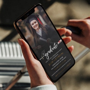 May include: A black and gold graduation party invitation with a photo of a woman in a graduation cap and gown. The text on the invitation reads "graduate" in a gold script font. The invitation includes the graduate's name, the date and time of the party, and the location.