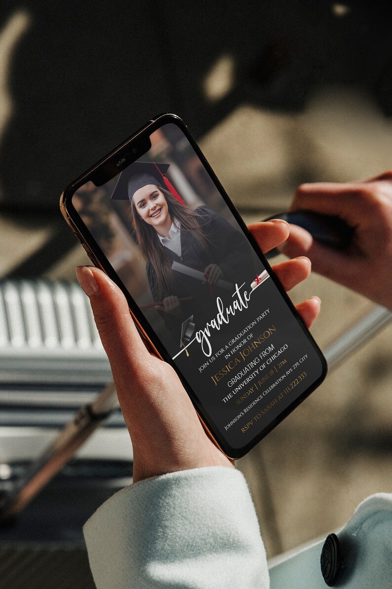 May include: A black and gold graduation party invitation with a photo of a woman in a graduation cap and gown. The text on the invitation reads "graduate" in a gold script font. The invitation includes the graduate's name, the date and time of the party, and the location.