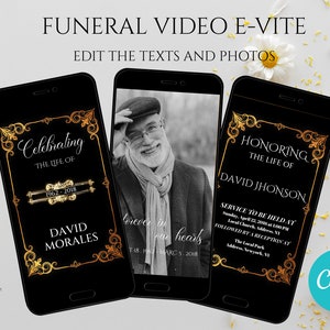 Beerdigung Video E-invite Schwarz und Gold, Canva Bearbeiten, Traueranzeige, elektronische Trauereinladung, Erinnerungs Evite, bearbeitbare Evite