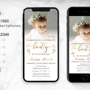 May include: A digital invitation for a baby's baptism. The invitation features a photo of a baby girl wearing a white dress and a flower crown. The text on the invitation reads "Acompa&ntilde;anos a celebrar el bautizo de nuestras hija Monica Morales Domingo | 14 Octubre | 11:00 AM Tu Iglesia Local Direcci&oacute;n, Newyork, NY Reception To Follow Direcci&oacute;n, Newyork, NY RSVP to Jessica (1122211441".