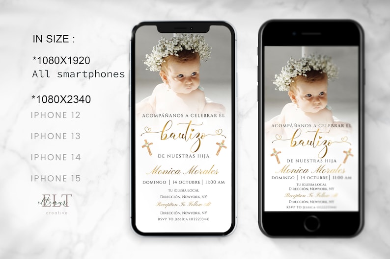 May include: A digital invitation for a baby's baptism. The invitation features a photo of a baby girl wearing a white dress and a flower crown. The text on the invitation reads "Acompa&ntilde;anos a celebrar el bautizo de nuestras hija Monica Morales Domingo | 14 Octubre | 11:00 AM Tu Iglesia Local Direcci&oacute;n, Newyork, NY Reception To Follow Direcci&oacute;n, Newyork, NY RSVP to Jessica (1122211441".
