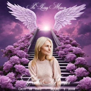 May include: A woman with blonde hair stands on a stairway to heaven, surrounded by purple flowers. The stairway is lined with white wings and a bright light shines at the top. The text "In Loving Memory" is at the top of the image and "Caitlin Morales" and "OCT 18, 1962 - MARC 5, 2018" are at the bottom.