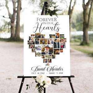 Pu&ograve; includere: Un cartello commemorativo su un cavalletto nero. Il cartello bianco presenta la scritta "Forever in our Hearts" sopra un collage di foto a forma di cuore. Sotto le foto c'&egrave; il nome "David Morales" e le date. Fiori bianchi e verde adornano il cavalletto.