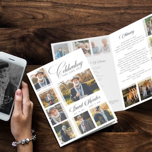 May include: A white and gray funeral program with a collage of photos of a man. The program includes the text "Celebrating the Life of David Morales Oct 18, 1947 - March 1, 2018" and an obituary.