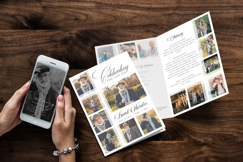 May include: A white and gray funeral program with a collage of photos of a man. The program includes the text "Celebrating the Life of David Morales Oct 18, 1947 - March 1, 2018" and an obituary.