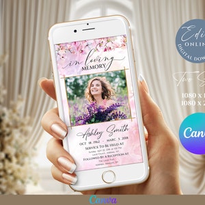 Funeral invitation tempalte , Pink Floral Funeral Evite, Celebration of life, Funeral Announcement, Funeral İnvitation for woman, Canva Edit