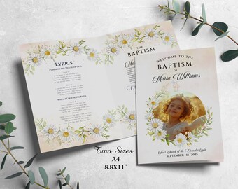 May include: A white and green floral baptism programme with a photo of a young girl in a white dress. The programme includes the lyrics to two songs, "I Choose the House of God" and "When I Choose My Path". The programme is for the baptism of Maria Williams at the Church of the Eternal Light on 18 September 2025.