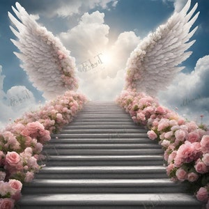 Angel Wings and Stairs to Heaven, PNG , In Loving Memory PNG, Memorial Background EDITABLE Template, Rest in Peace, Digital Files 30