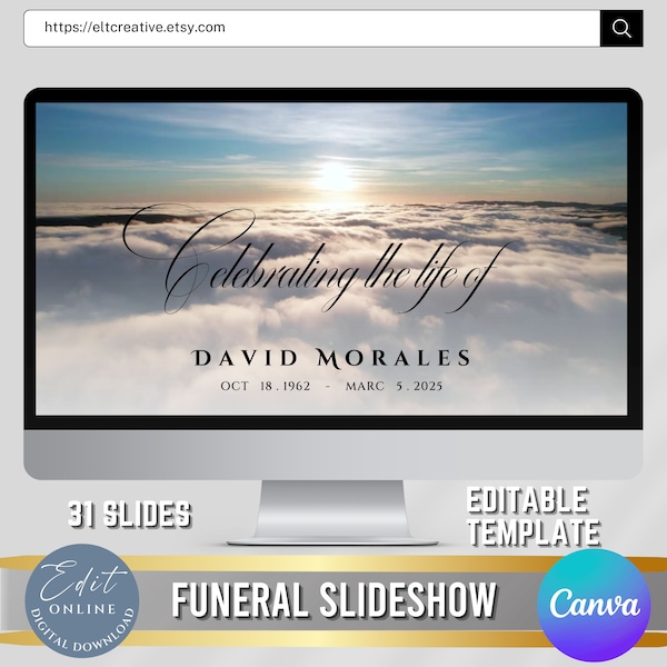 Plantilla de presentación de diapositivas para el funeral de Heaven Sky, vídeo conmemorativo, presentación de celebración de la vida, edítelo como tributo fotográfico del funeral, 31 diapositivas