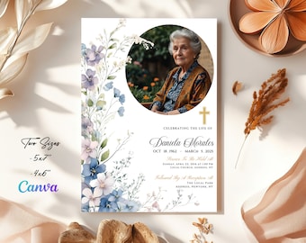 Puede incluir: Una tarjeta de anuncio de funeral con un diseño floral de acuarela en tonos azules y morados. La tarjeta presenta una foto de una mujer en un círculo y el texto "Celebrando la vida de Daniela Morales 18 de octubre de 1962 - 5 de marzo de 2025 Servicio a celebrarse en Domingo, 22 de abril de 2016 a la 1:00 PM Iglesia local, Dirección, NY Seguido de una recepción en The Local Park Dirección, Nueva York, NY"