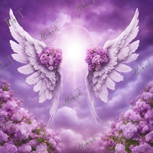 Alas de ángel púrpura, en memoria amorosa PNG, Fondo conmemorativo Plantilla EDITABLE Escaleras al cielo, Descanse en paz, Canva, Archivos digitales 29