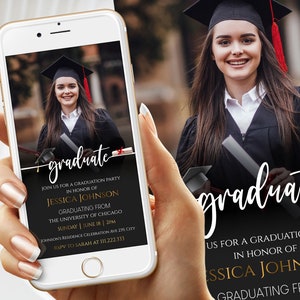 May include: A black and gold graduation party invitation with a photo of a graduate in a cap and gown. The text reads "graduate" and "Join us for a graduation party in honor of Jessica Johnson graduating from the University of Chicago. Sunday, June 18 | 2 PM. Johnson's Residence Celebration Ave 235 City. RSVP to Sarah at 111.222.333."