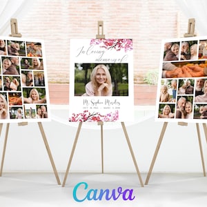 Plantillas de collage para funerales, letrero de bienvenida con flores rosas para funerales, celebración de la vida, letrero para servicio conmemorativo, exhibición en caballete