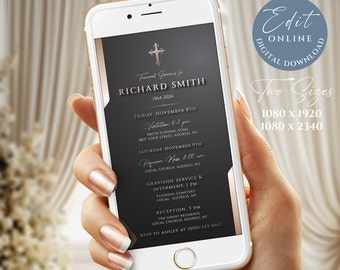 Puede incluir: Una plantilla de anuncio de funeral digital en negro y dorado para la pantalla de un teléfono. La plantilla presenta una cruz, el nombre "Richard Smith", fechas y detalles para un servicio fúnebre y una recepción.