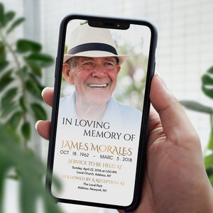 Invito funebre elettronico con foto di grandi dimensioni, Annuncio funebre elettronico, Invito celebrazione della vita, Invito elettronico commemorativo, F20