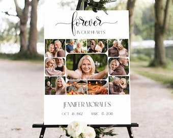 May include: A white poster with a black frame on an easel. The poster has a collage of photos of a woman and her family. The text "forever in our hearts" is at the top of the poster. The text "Jennifer Morales" is below the photos. The dates "Oct 18, 1962" and "Marc 15, 2018" are below the name.