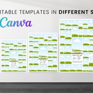 Pu&ograve; includere: Vengono visualizzati tre modelli con cornice con un design a collage, con colline verdi e cieli blu. Il logo Canva &egrave; visibile, insieme al testo che indica sette modelli modificabili in varie dimensioni, tra cui 50,8x76,2 cm.