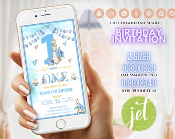 May include: A blue and white birthday invitation with a bunny rabbit and the number one. The invitation says "Our little bunny is turning one" and "Please join us to celebrate David's 1st Birthday". The date is August 25th at 5pm. The invitation is displayed on a smartphone.