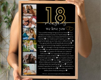 May include: A framed black and gold print with the text "18 reasons we love you" and a list of reasons. The frame holds several small photos. A person is holding the framed print.