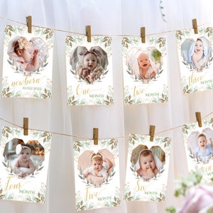 Photos de bébé en cœur, bannière photo mensuelle pour le premier anniversaire de bébé, cartes photo jalons // Cartes photo 1er anniversaire modifiables et imprimables