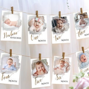 Banner de foto mensual geométrico para el primer cumpleaños del bebé, tarjetas de fotos de hitos // Tarjetas de fotos de 1er cumpleaños editables e imprimibles