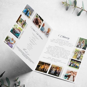 May include: A white and gray funeral program with a black and white photo collage of a family. The program includes an order of service and an obituary.