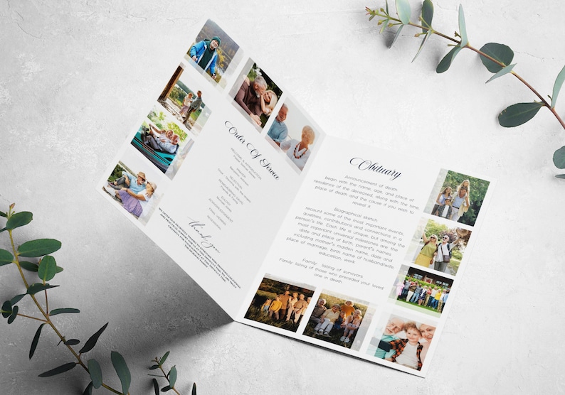 May include: A white and gray funeral program with a black and white photo collage of a family. The program includes an order of service and an obituary.