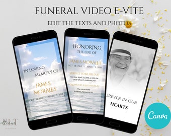Funeral Video E-invite  sky and beach , Canva Edit , Funeral Announcement, Electronic Funeral Invitation, Memorial Evite, Editable Evite