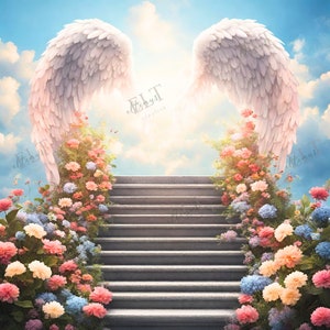 Floral Stairway to Heaven Background, PNG , In Loving Memory PNG, Memorial Background EDITABLE Template, Rest in Peace, Digital Files 51