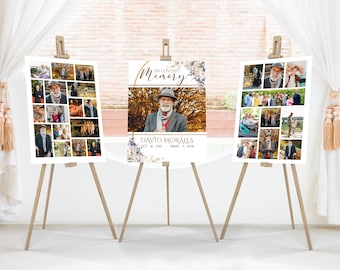 SET Funeral Collage Templates, floral funeral welcome sign, Celebration of life , Sign set poster memorial service, Easel Display