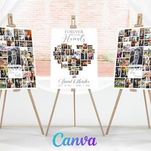 SET Funeral Heart Photo Collage Template, Funeral Welcome Sign Poster ,Celebration of Life ,Photo Collage Memorial Poster,  8 Sizes , CANVA