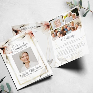 May include: A memorial leaflet with a floral design and gold accents. The cover reads "Celebrating the Life Of" and features a photo and name. Inside, there are photos and the word "Obituary".