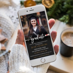 May include: A black and gold graduation party invitation with a photo of a graduate wearing a cap and gown. The text reads "graduate" in gold script with a black cap and tassel. The invitation includes the graduate's name, the date and time of the party, and the location. RSVP information is also included.
