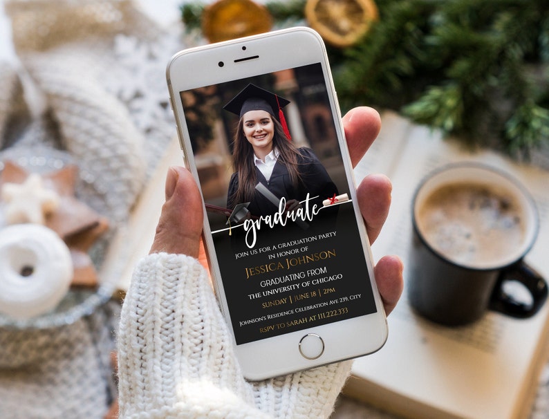May include: A black and gold graduation party invitation with a photo of a graduate wearing a cap and gown. The text reads "graduate" in gold script with a black cap and tassel. The invitation includes the graduate's name, the date and time of the party, and the location. RSVP information is also included.