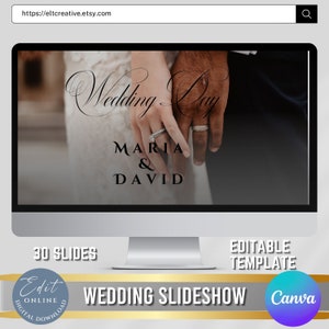 Könnte beinhalten: Ein Computerbildschirm zeigt eine Vorlage für eine Hochzeitsslideshow mit einem Foto von den Händen eines Paares mit Ringen. Der Text "Wedding Day" ist in Kursivschrift über dem Foto geschrieben. Die Namen "Maria & David" sind unter dem Foto geschrieben. Der Text "30 Slides" ist in der linken unteren Ecke des Bildschirms geschrieben. Der Text "Editable Template" ist in der rechten unteren Ecke des Bildschirms geschrieben. Der Text "Wedding Slideshow" ist in großen Buchstaben unter dem Computerbildschirm geschrieben. Der Text "Canva" ist in einem Kreis unter dem Text "Wedding Slideshow" geschrieben.