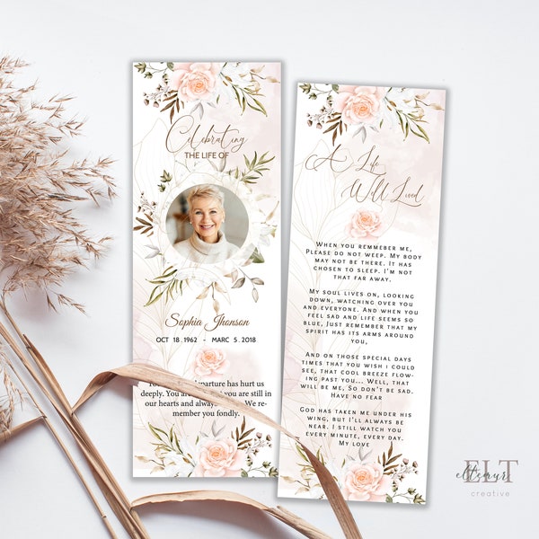 modern funeral bookmark template for men & women greenery leaves, memorial bookmark man, funeral bookmark printable 2,5"x7"